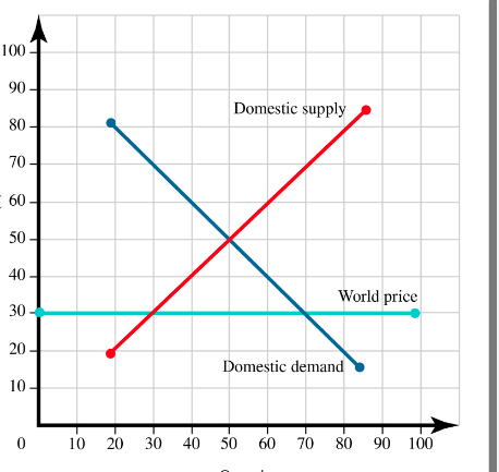 100
90
Domestic supply
80
70 -
60
50
40
World price
30
20
Domestic demand
10-
0 10 20 30
40 50
60
70 80
90 100
