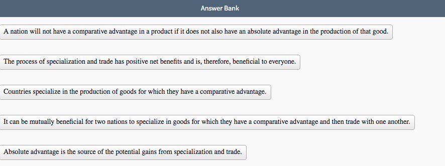 Answer Bank
A nation will not have a comparative advantage in a product if it does not also have an absolute advantage in the production of that good.
The
process of specialization and trade has positive net benefits and is, therefore, beneficial to everyone.
Countries specialize in the production of goods for which they have a comparative advantage.
It can be mutually beneficial for two nations to specialize in goods for which they have a comparative advantage and then trade with one another.
Absolute advantage is the source of the potential gains from specialization and trade.
