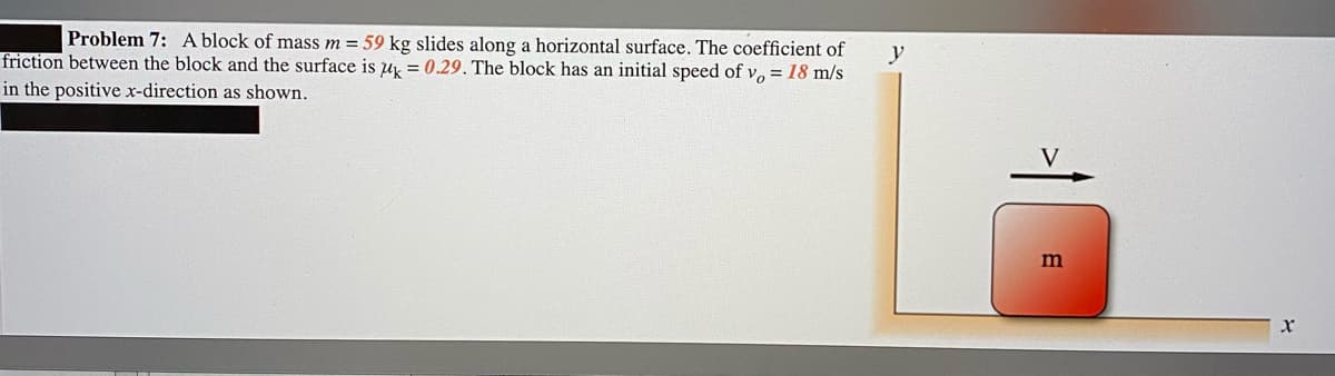 Problem 7: A block of mass m = 59 kg slides along a horizontal surface. The coefficient of
friction between the block and the surface is u = 0.29. The block has an initial speed of v, = 18 m/s
in the positive x-direction as shown.
m

