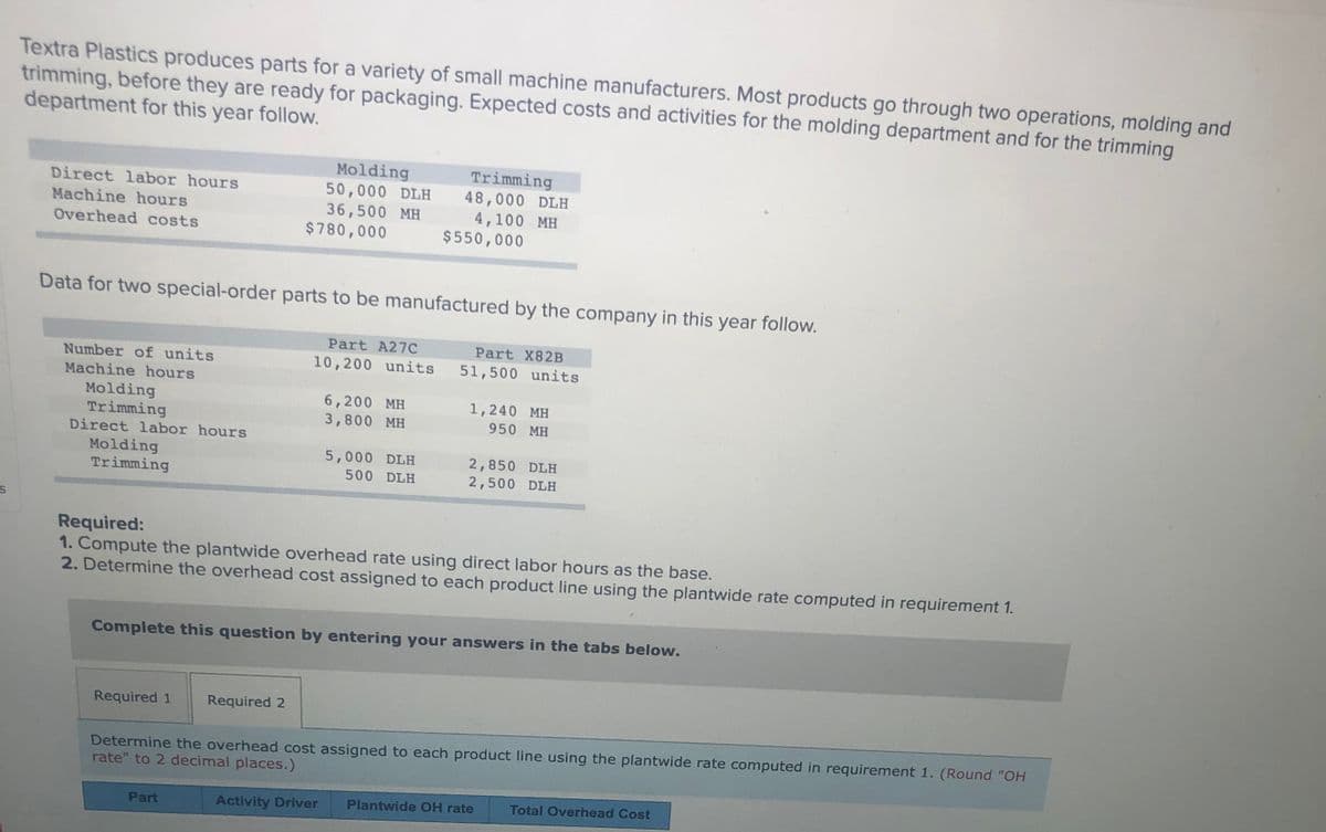 Textra Plastics produces parts for a variety of small machine manufacturers. Most products go through two operations, molding and
trimming, before they are ready for packaging. Expected costs and activities for the molding department and for the trimming
department for this year follow.
Molding
50,000 DLH
36,500 MH
$780,000
Trimming
48,000 DLH
4,100 MH
$550,000
Direct labor hours
Machine hours
Overhead costs
Data for two special-order parts to be manufactured by the company in this year follow.
Part A27C
Part X82B
Number of units
10,200 units
51,500 units
Machine hours
Molding
Trimming
6,200 MH
3,800 MH
1,240 MH
950 MH
Direct labor hours
Molding
Trimming
5,000 DLH
2,850 DLH
2,500 DLH
500 DLH
Required:
1. Compute the plantwide overhead rate using direct labor hours as the base.
2. Determine the overhead cost assigned to each product line using the plantwide rate computed in requirement 1.
Complete this question by entering your answers in the tabs below.
Required 1
Required 2
Determine the overhead cost assigned to each product line using the plantwide rate computed in requirement 1. (Round "OH
rate" to 2 decimal places.)
Activity Driver
Plantwide OH rate
Total Overhead Cost
Part
