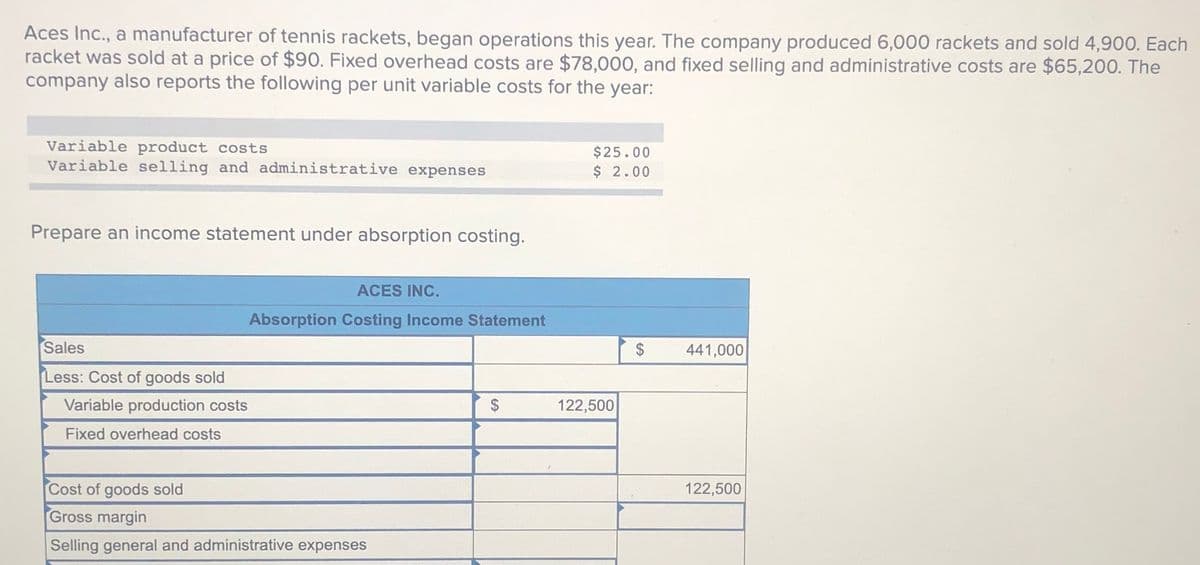 Aces Inc., a manufacturer of tennis rackets, began operations this year. The company produced 6,000 rackets and sold 4,900. Each
racket was sold at a price of $90. Fixed overhead costs are $78,000, and fixed selling and administrative costs are $65,200. The
company also reports the following per unit variable costs for the year:
Variable product costs
Variable selling and administrative expenses
$25.00
$ 2.00
Prepare an income statement under absorption costing.
ACES INC.
Absorption Costing Income Statement
Sales
441,000
Less: Cost of goods sold
Variable production costs
122,500
Fixed overhead costs
Cost of goods sold
122,500
Gross margin
Selling general and administrative expenses
%24
%24
