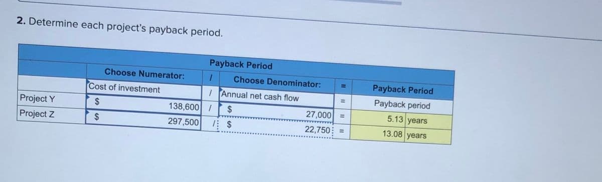 2. Determine each project's payback period.
Payback Period
Choose Numerator:
Choose Denominator:
Payback Period
%3D
Cost of investment
I Annual net cash flow
Payback period
%3D
Project Y
2$
138,600 /
2$
27,000 =
5.13 years
Project Z
297,500
22,750
13.08 years
%3D
%24
