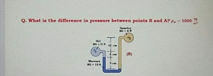 Q. What is the difference in pressure between points B and A? p.-1000
Genolin
Oul
SG-0.9
12 cm
(B)
Mereury
SG- 136
