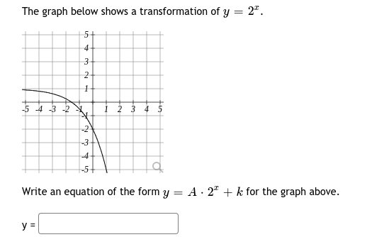 The graph below shows a transformation of y = 2".
5+
4-
2
-5 -4 -3 -2
1
2 3
4 5
-2
-3
-4
Write an equation of the form y = A · 2° + k for the graph above.
y =
