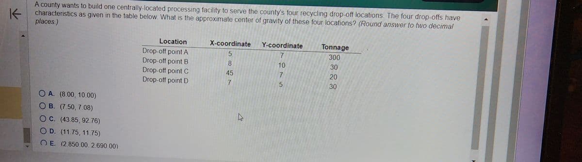 K
A county wants to build one centrally-located processing facility to serve the county's four recycling drop-off locations. The four drop-offs have
characteristics as given in the table below. What is the approximate center of gravity of these four locations? (Round answer to two decimal
places.)
O A. (8.00, 10.00)
OB. (7.50, 7.08)
OC. (43.85, 92.76)
O D. (11.75, 11.75)
OE. (2.850.00. 2.690.00)
Location
Drop-off point A
Drop-off point B
Drop-off point C
Drop-off point D
X-coordinate
5
8
45
7
K
Y-coordinate
7
10
7
5
Tonnage
300
30
20
30