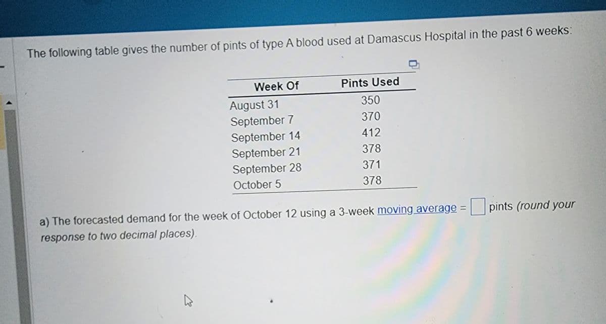 The following table gives the number of pints of type A blood used at Damascus Hospital in the past 6 weeks:
Week Of
August 31
September 7
September 14
September 21
September 28
October 5
Pints Used
350
370
412
378
371
378
a) The forecasted demand for the week of October 12 using a 3-week moving average:
response to two decimal places).
106
pints (round your