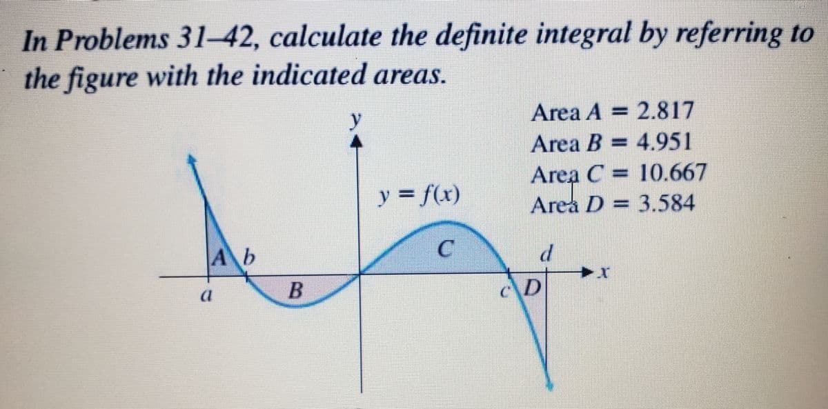 In Problems 31-42, calculate the definite integral by referring to
the figure with the indicated areas.
y
Area A = 2.817
Area B = 4.951
Area C = 10.667
Area D = 3.584
y = f(x)
Ab
AD
