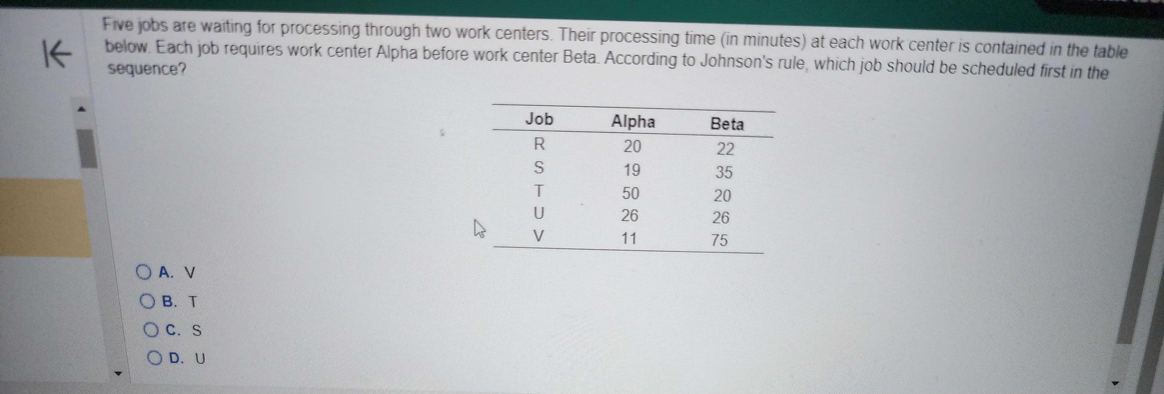 K
Five jobs are waiting for processing through two work centers. Their processing time (in minutes) at each work center is contained in the table
below. Each job requires work center Alpha before work center Beta. According to Johnson's rule, which job should be scheduled first in the
sequence?
OA. V
OB. T
OC. S
OD. U
Job
I STD>
R
D V
Alpha
20
19
50
26
11
Beta
22
35
20
26
75