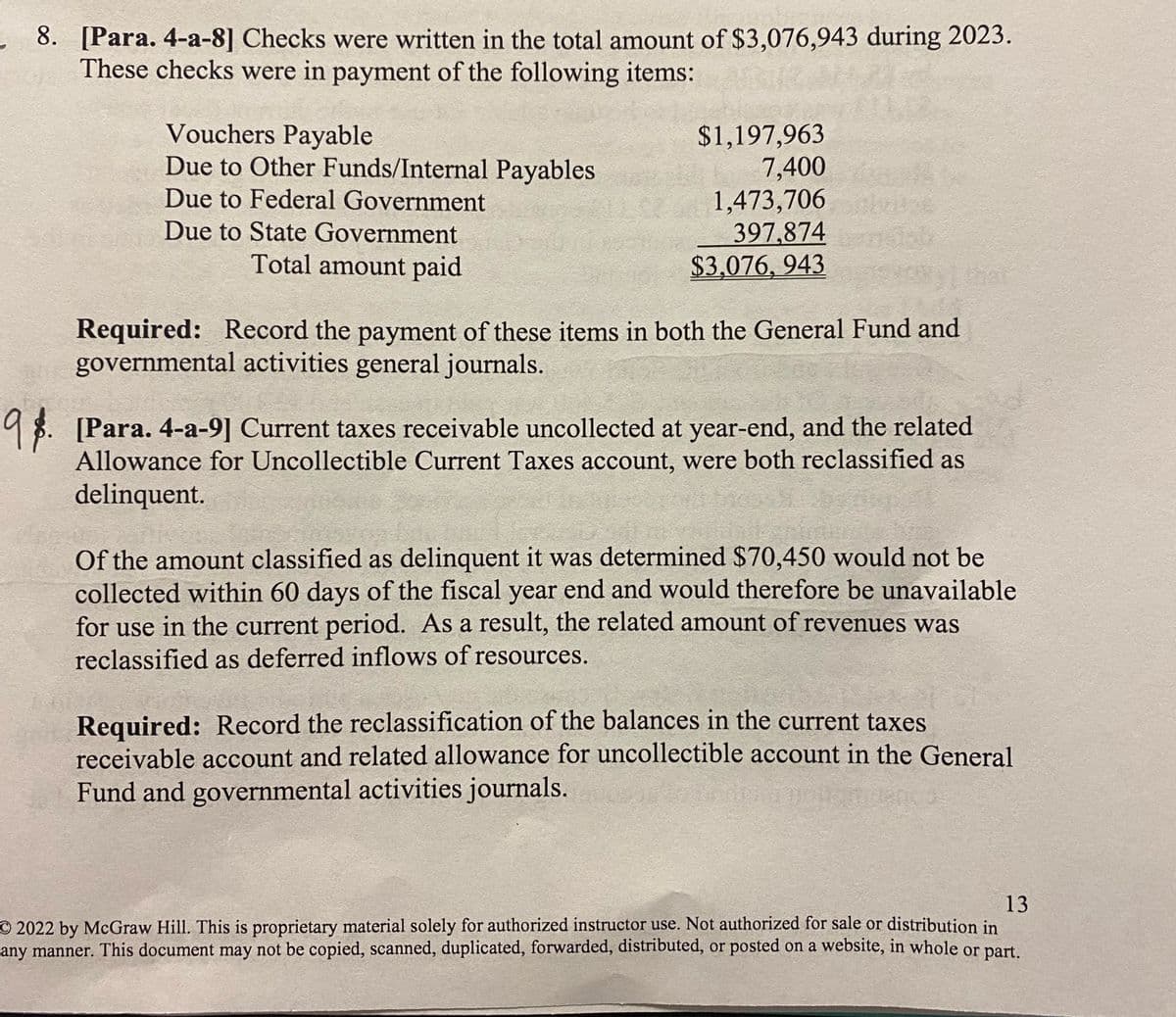 8. [Para. 4-a-8] Checks were written in the total amount of $3,076,943 during 2023.
These checks were in payment of the following items:
Vouchers Payable
Due to Other Funds/Internal Payables
Due to Federal Government
Due to State Government
Total amount paid
$1,197,963
7,400
1,473,706
397,874
$3,076,943
Required: Record the payment of these items in both the General Fund and
governmental activities general journals.
9. [Para. 4-a-9] Current taxes receivable uncollected at year-end, and the related
Allowance for Uncollectible Current Taxes account, were both reclassified as
delinquent.
Of the amount classified as delinquent it was determined $70,450 would not be
collected within 60 days of the fiscal year end and would therefore be unavailable
for use in the current period. As a result, the related amount of revenues was
reclassified as deferred inflows of resources.
Required: Record the reclassification of the balances in the current taxes
receivable account and related allowance for uncollectible account in the General
Fund and governmental activities journals.
13
O2022 by McGraw Hill. This is proprietary material solely for authorized instructor use. Not authorized for sale or distribution in
any manner. This document may not be copied, scanned, duplicated, forwarded, distributed, or posted on a website, in whole or part.