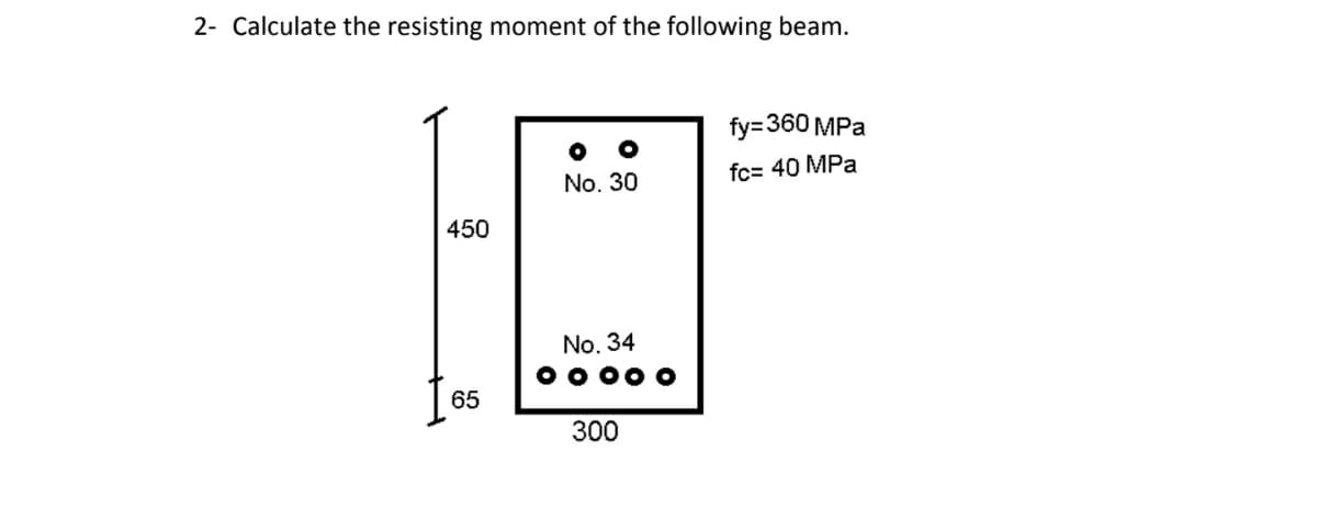 2- Calculate the resisting moment of the following beam.
fy=360 MPa
fc= 40 MPa
No. 30
450
No. 34
0 0 00 o
65
300
