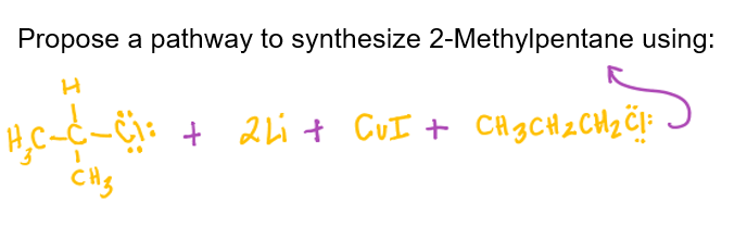 Propose a pathway to synthesize 2-Methylpentane using:
H,C-C-Ci: + 2li + CuI + CH3CH2CH2F
CHs
