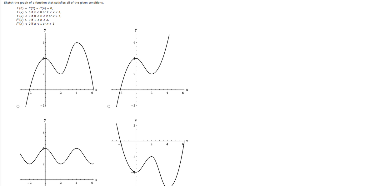 Sketch the graph of a function that satisfies all of the given conditions.
f'(0) = f'(2) = f'(4) = 0,
f'(x) > 0 if x < 0 or 2 < x < 4,
f'(x) < O if 0 < x < 2 or x > 4,
f"(x) > 0 if 1 <x < 3,
f"(x) < 0 if x < 1 or x > 3
y
y
6
6
2
4
6
in the
y
y
2
6
2
4
-2
4
6

