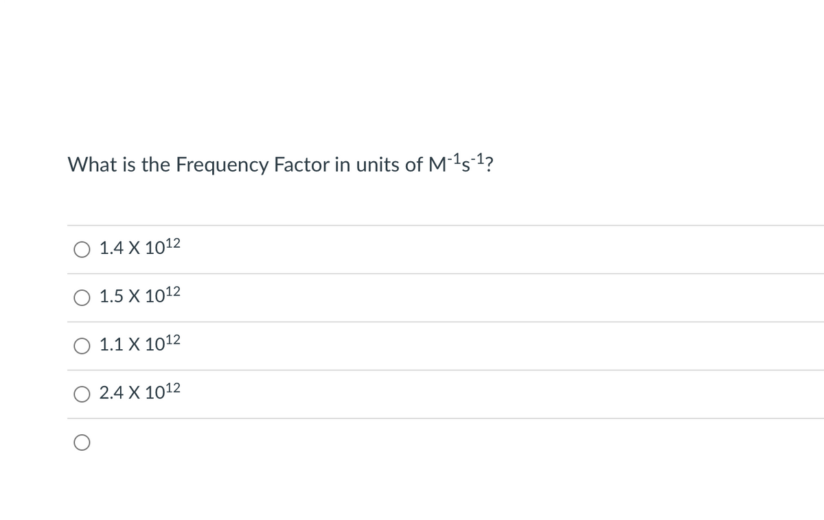 What is the Frequency Factor in units of M-1s-1?
1.4 X 1012
1.5 X 1012
1.1 X 1012
2.4 X 1012
