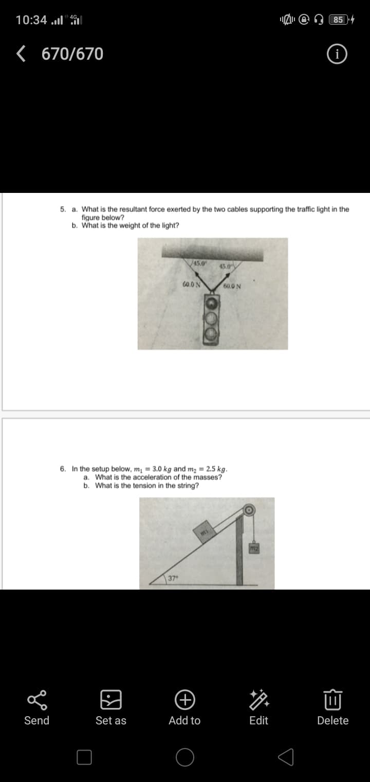 5. a. What is the resultant force exerted by the two cables supporting the traffic light in the
figure below?
b. What is the weight of the light?
45.0
45.0
60.0 N
60.0 N
