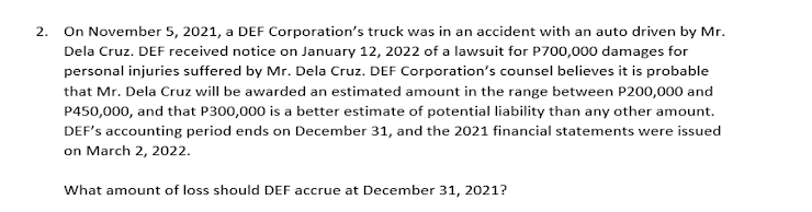 2. On November 5, 2021, a DEF Corporation's truck was in an accident with an auto driven by Mr.
Dela Cruz. DEF received notice on January 12, 2022 of a lawsuit for P700,000 damages for
personal injuries suffered by Mr. Dela Cruz. DEF Corporation's counsel believes it is probable
that Mr. Dela Cruz will be awarded an estimated amount in the range between P200,000 and
P450,000, and that P300,000 is a better estimate of potential liability than any other amount.
DEF's accounting period ends on December 31, and the 2021 financial statements were issued
on March 2, 2022.
What amount of loss should DEF accrue at December 31, 2021?
