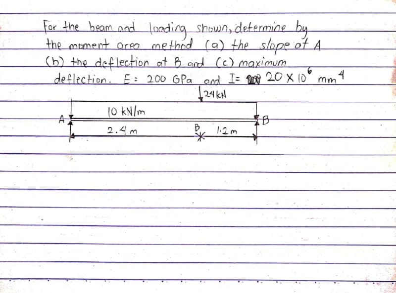 for the heam and londing shown, determine by
.
slope of A
(6) the deflection at B and (c) maximum
deflection. E: 200 GPa and I= D 20O X 10° mm4
the moment orea method (a) the
124 kN
10 kN/m
2.4 m
*-
B
1.2m
