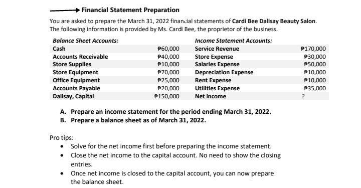 Financial Statement Preparation
You are asked to prepare the March 31, 2022 finanuial statements of Cardi Bee Dalisay Beauty Salon.
The following information is provided by Ms. Cardi Bee, the proprietor of the business.
Balance Sheet Accounts:
Income Statement Accounts:
Cash
Service Revenue
P60,000
P40,000
P10,000
P70,000
P25,000
P20,000
P150,000
P170,000
Accounts Receivable
Store Expense
Salaries Expense
Depreciation Expense
Rent Expense
Utilities Expense
P30,000
Store Supplies
Store Equipment
Office Equipment
Accounts Payable
Dalisay, Capital
P50,000
P10,000
P10,000
P35,000
Net income
?
A. Prepare an income statement for the period ending March 31, 2022.
B. Prepare a balance sheet as of March 31, 2022.
Pro tips:
• Solve for the net income first before preparing the income statement.
• Close the net income to the capital account. No need to show the closing
entries.
• Once net income is closed to the capital account, you can now prepare
the balance sheet.
