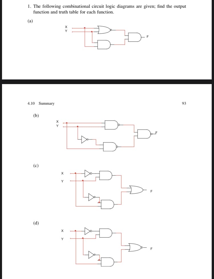 1. The following combinational circuit logic diagrams are given; find the output
function and truth table for each function.
(а)
4.10 Summary
93
(b)
(c)
(d)
