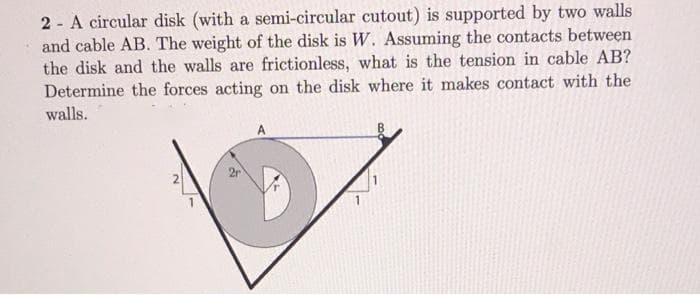 2 - A circular disk (with a semi-circular cutout) is supported by two walls
and cable AB. The weight of the disk is W. Assuming the contacts between
the disk and the walls are frictionless, what is the tension in cable AB?
Determine the forces acting on the disk where it makes contact with the
walls.
A
