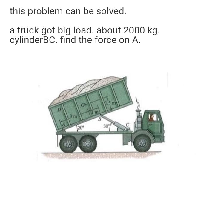 this problem can be solved.
a truck got big load. about 2000 kg.
cylinderBC. find the force on A.
1.5 m
20
30
