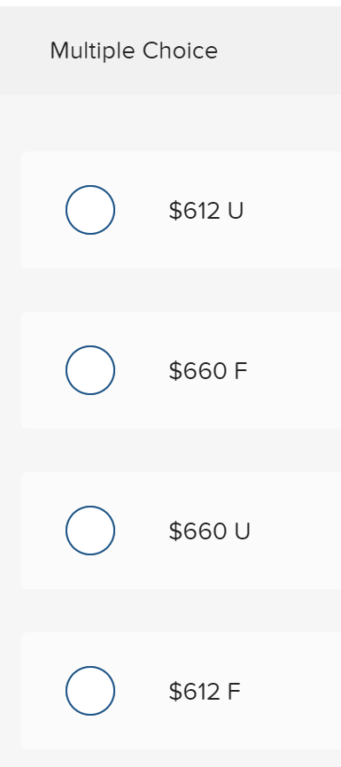 Multiple Choice
$612 U
$660 F
$660 U
$612 F
