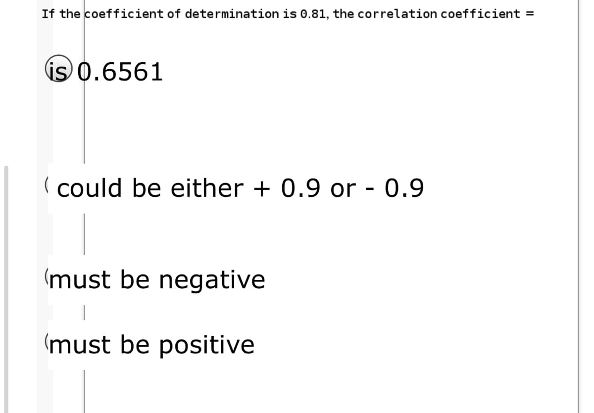 If the coefficient of determination is 0.81, the correlation coefficient =
is 0.6561
( could be either + 0.9 or - 0.9
(must be negative
(must be positive
