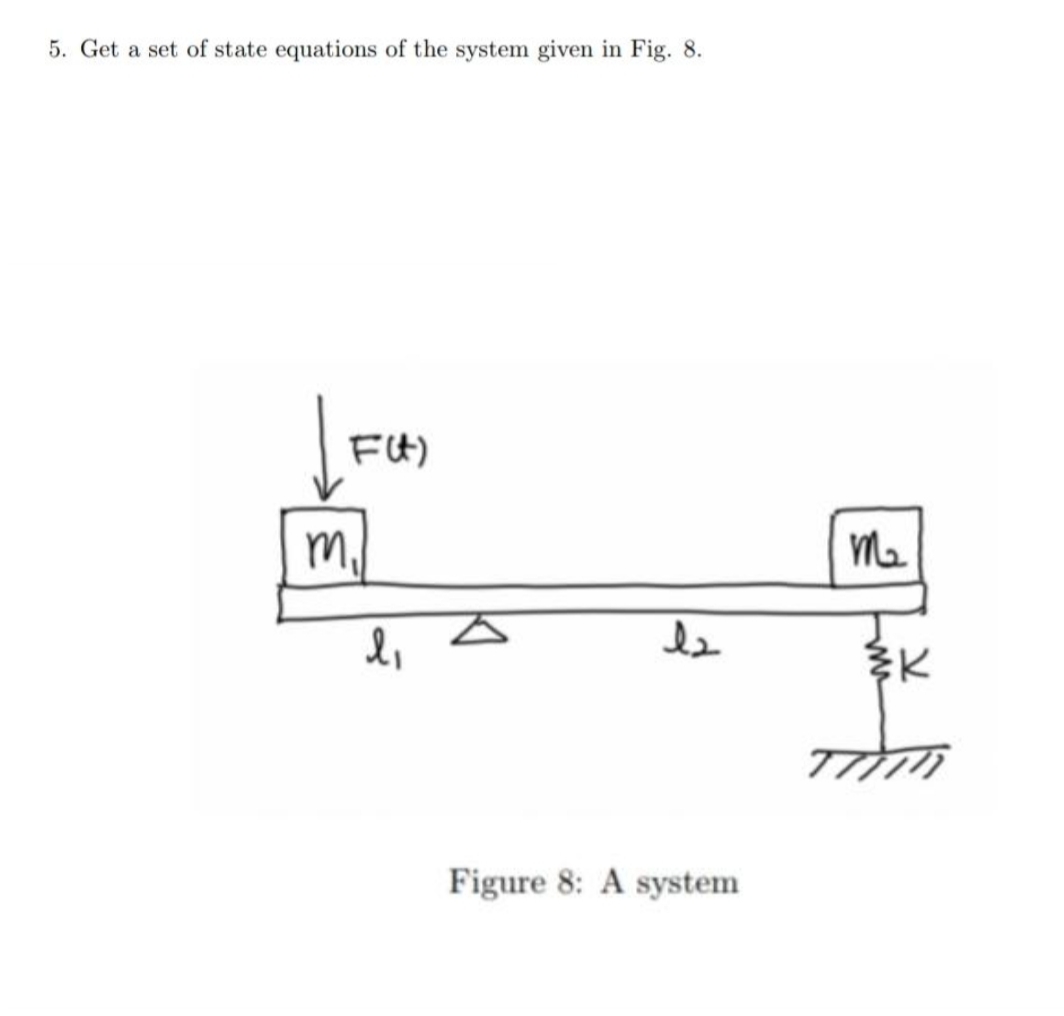 5. Get a set of state equations of the system given in Fig. 8.
F4)
m,
Figure 8: A system
