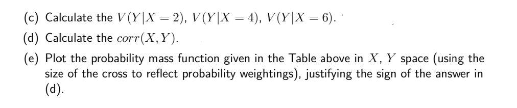 (c) Calculate the V(Y|X = 2), V(Y|X = 4), V(Y|X = 6).
(d) Calculate the corr(X,Y).
(e) Plot the probability mass function given in the Table above in X, Y space (using the
size of the cross to reflect probability weightings), justifying the sign of the answer in
(d).