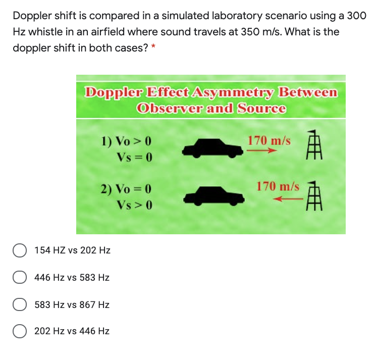 Doppler shift is compared in a simulated laboratory scenario using a 300
Hz whistle in an airfield where sound travels at 350 m/s. What is the
doppler shift in both cases? *
Doppler Effect Asymmetry Between
Observer and Source
170 m/s
1) Vo > 0
Vs = 0
170 m/s
2) Vo = 0
Vs > 0
154 HZ vs 202 Hz
446 Hz vs 583 Hz
583 Hz vs 867 Hz
202 Hz vs 446 Hz
