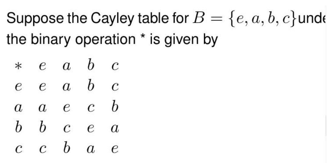 Suppose the Cayley table for B = {e, a, b, c}unde
the binary operation * is given by
e
а b
C
e
e
a
a
e
b.
C
e
a
C
с ь
a
