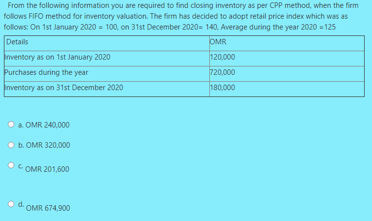 From the following information you are required to find closing inventory as per CPP method, when the firm
follows FIFO method for inventory valuation. The firm has decided to adopt retail price index which was as
follows: On 1st January 2020 = 100, on 31st December 2020= 140, Average during the year 2020 = 125
Details
OMR
Inventory as on 1st January 2020
120,000
Purchases during the year
720,000
Inventory as on 31st December 2020
180,000
a. OMR 240,000
b. OMR 320,000
OMR 201,600
OMR 674,900
