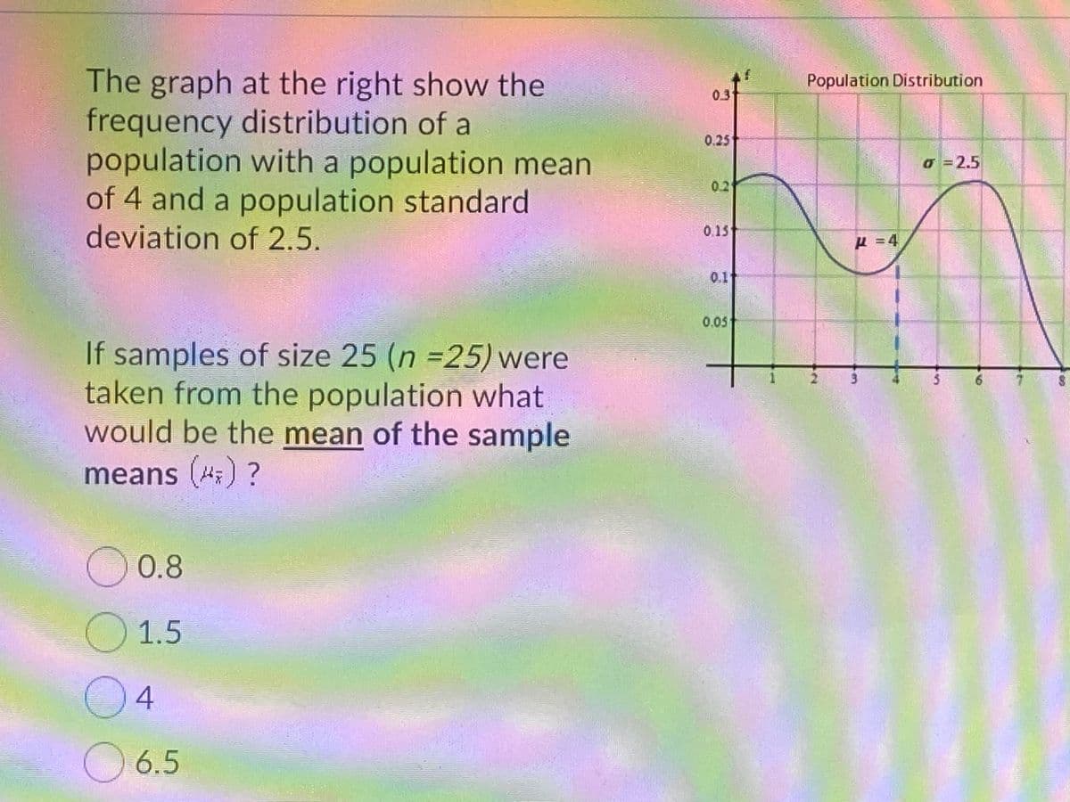 The graph at the right show the
frequency distribution of a
population with a population mean
of 4 and a population standard
deviation of 2.5.
Population Distribution
0.3
0.25
o =2.5
0.2
0.15
0.1
0.05
If samples of size 25 (n =25) were
taken from the population what
would be the mean of the sample
6.
means (4;) ?
0.8
1.5
04
O 6.5
2.

