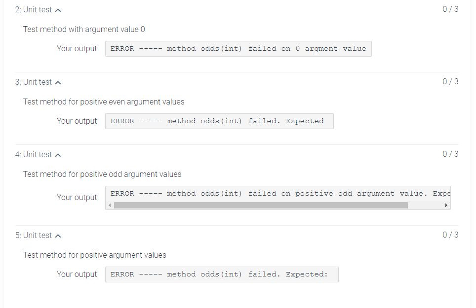 2: Unit test a
0/3
Test method with argument value 0
Your output
ERROR
method odds (int) failed on 0 argment value
3: Unit test A
0/3
Test method for positive even argument values
Your output
ERROR
----- method odds (int) failed. Expected
4: Unit test a
0/3
Test method for positive odd argument values
Your output
ERROR
method odds (int) failed on positive odd argument value. Expe
-----
5: Unit test a
0/3
Test method for positive argument values
Your output
ERROR
---- method odds (int) failed. Expected:
