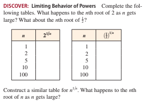 DISCOVER: Limiting Behavior of Powers Complete the fol-
lowing tables. What happens to the nth root of 2 as n gets
large? What about the nth root of ?
2
5
5
10
10
100
100
Construct a similar table for n'". What happens to the nth
root of n as n gets large?
