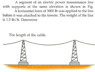 A segment of an electric power transmission line
with supports at the same elevation is shown in Fig.
A horizontal force of 3000 Ib was applied to the line
before it was attached to the towers. The weight of the line
is 1.5 lb/ft. Determine
The length of the cable.
