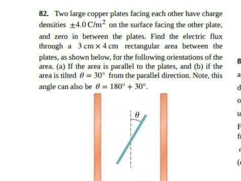 82. Two large copper plates facing each other have charge
densities +4.0 C/m? on the surface facing the other plate,
and zero in between the plates. Find the electric flux
through a 3 cm x 4 cm rectangular area between the
plates, as shown below, for the following orientations of the
area. (a) If the area is parallel to the plates, and (b) if the
area is tilted 0 = 30° from the parallel direction. Note, this
angle can also be 0 = 180° + 30°.
