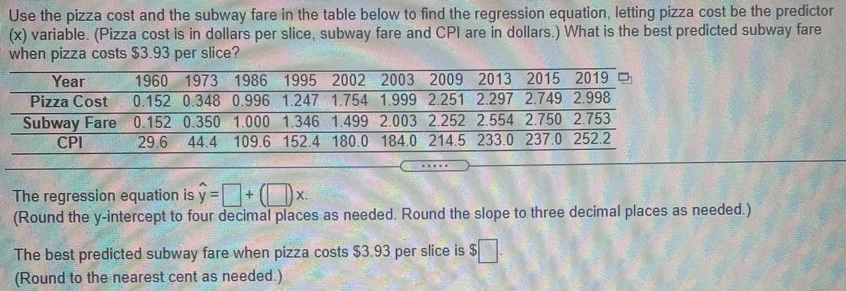 Use the pizza cost and the subway fare in the table below to find the regression equation, letting pizza cost be the predictor
(x) variable. (Pizza cost is in dollars per slice,, subway fare and CPI are in dollars.) What is the best predicted subway fare
when pizza costs $3.93 per slice?
1986 1995 2002 2003 2009 2013 2015 2019
0.152 0.348 0.996 1.247 1.754 1.999 2.251 2.297 2.749 2.998
Subway Fare 0.152 0.350 1.000 1.346 1.499 2.003 2.252 2.554 2.750 2.753
109.6 152.4 180.0 184.0 214 5 233.0 237.0 252.2
Year
Pizza Cost
1960
1973
CPI
29.6
44.4
The regression equation is y
(Round the y-intercept to four decimal places as needed. Round the slope to three decimal places as needed.)
X.
The best predicted subway fare when pizza costs $3.93 per slice is $
(Round to the nearest cent as needed.)
