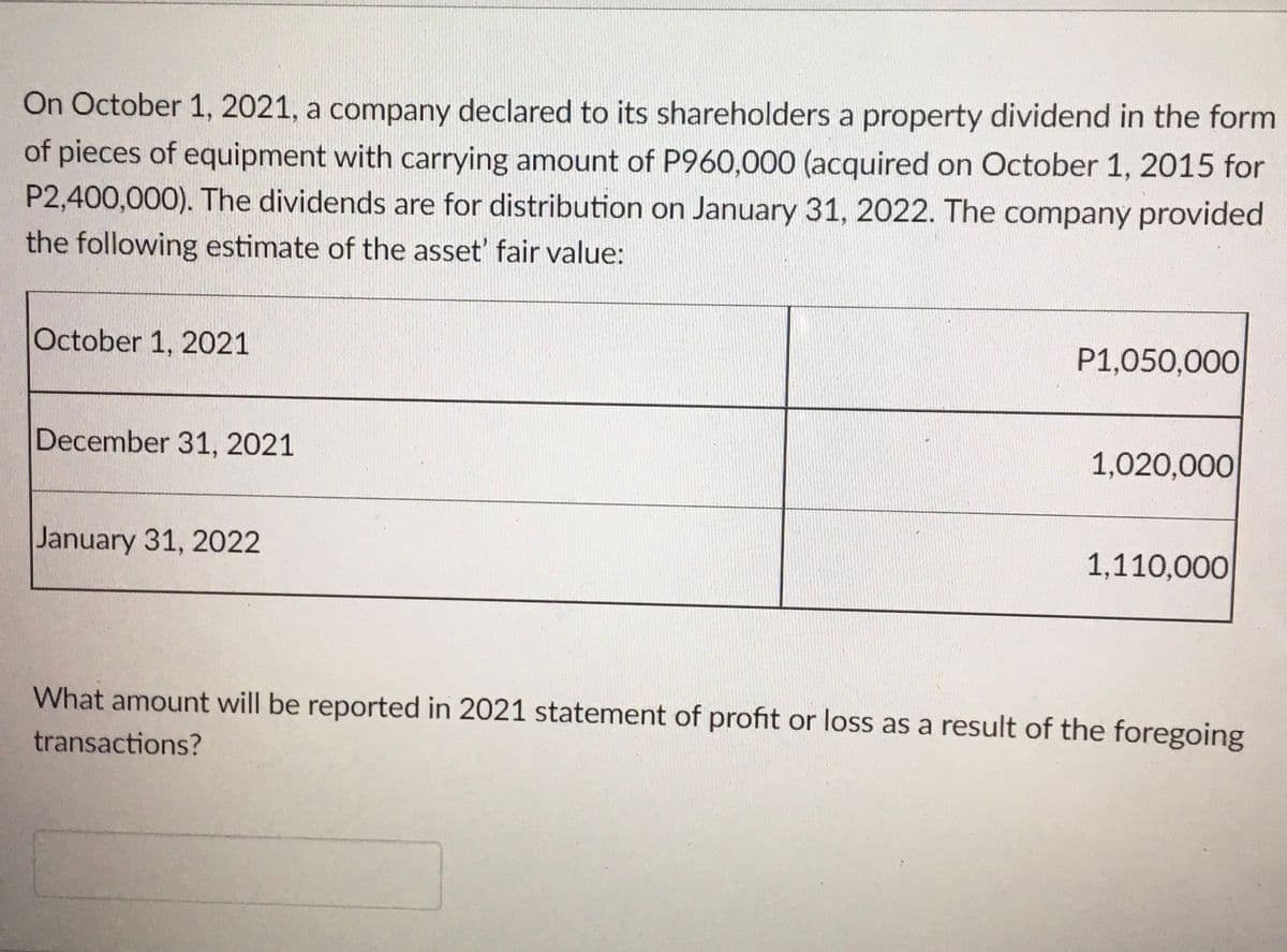 On October 1, 2021, a company declared to its shareholders a property dividend in the form
of pieces of equipment with carrying amount of P960,000 (acquired on October 1, 2015 for
P2,400,000). The dividends are for distribution on January 31, 2022. The company provided
the following estimate of the asset' fair value:
October 1, 2021
P1,050,000
December 31, 2021
1,020,000
January 31, 2022
1,110,000
What amount will be reported in 2021 statement of profit or loss as a result of the foregoing
transactions?
