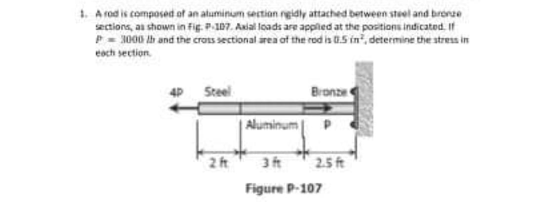 1. A rod is composed of an aluminum section ngidly attached between steel and bronze
sections, as shown in Fig. P107. Anial loads are applied at the positions indicatod. If
P = 3000 h and the cras sectional area ot the rod is U.5 in, determine the stress in
eoch section.
4P Steel
Bronze e
Aluminum
2 ft
3 ft
2.5 ft
Figure P-107
