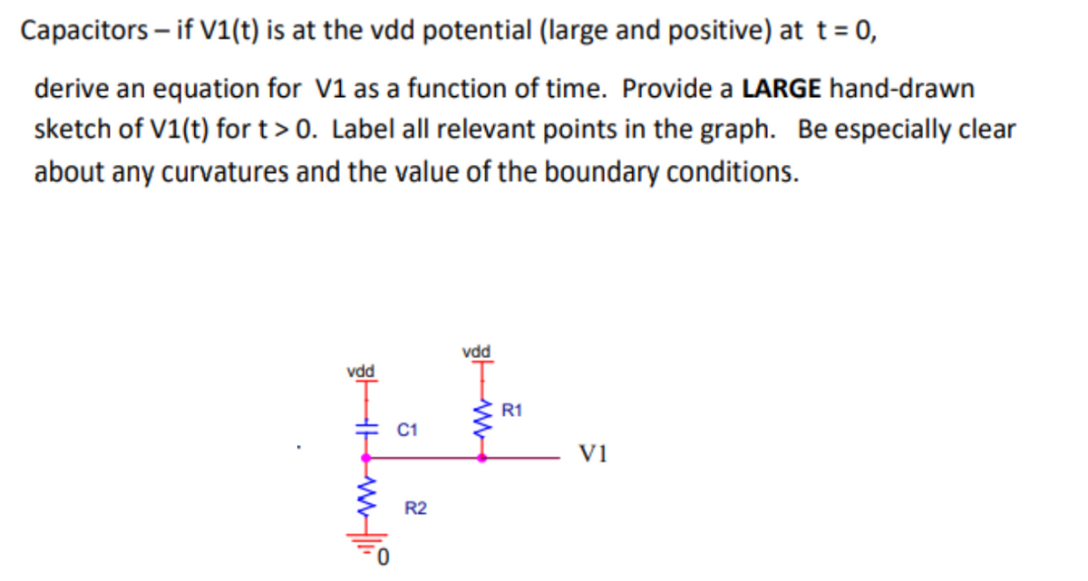 Capacitors – if V1(t) is at the vdd potential (large and positive) at t = 0,
derive an equation for V1 as a function of time. Provide a LARGE hand-drawn
sketch of V1(t) fort>0. Label all relevant points in the graph. Be especially clear
about any curvatures and the value of the boundary conditions.
vdd
vdd
R1
C1
V1
R2
