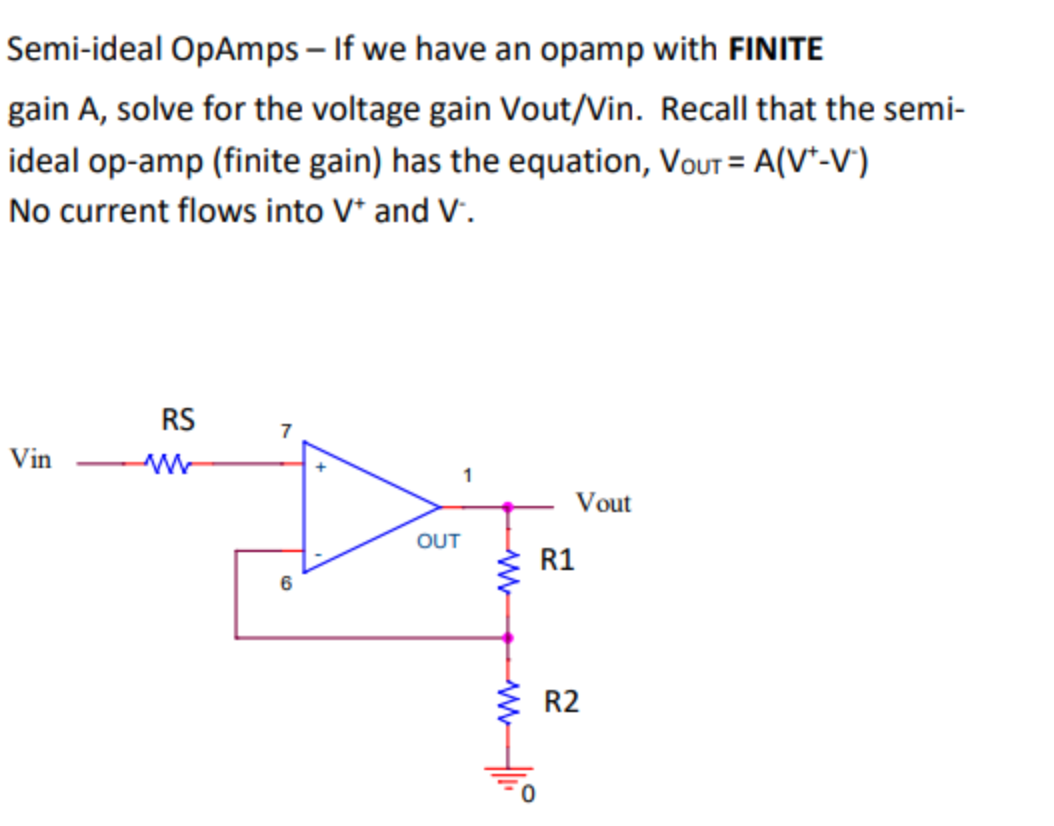 Semi-ideal OpAmps – If we have an opamp with FINITE
gain A, solve for the voltage gain Vout/Vin. Recall that the semi-
ideal op-amp (finite gain) has the equation, Vout = A(V*-V)
No current flows into V* and V.
RS
7
Vin
Vout
OUT
R1
6
R2
