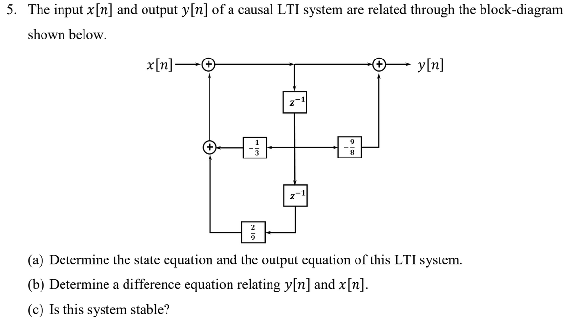 5. The input x[n] and output y[n] of a causal LTI system are related through the block-diagram
shown below.
x[n]-
y[n]
8
(a) Determine the state equation and the output equation of this LTI system.
(b) Determine a difference equation relating y[n] and x[n].
(c) Is this system stable?
