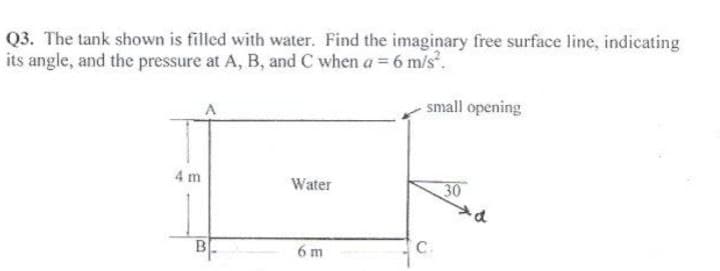 Q3. The tank shown is filled with water. Find the imaginary free surface line, indicating
its angle, and the pressure at A, B, and C when a = 6 m/s.
small opening
4 m
Water
30
B
6 m
C.
