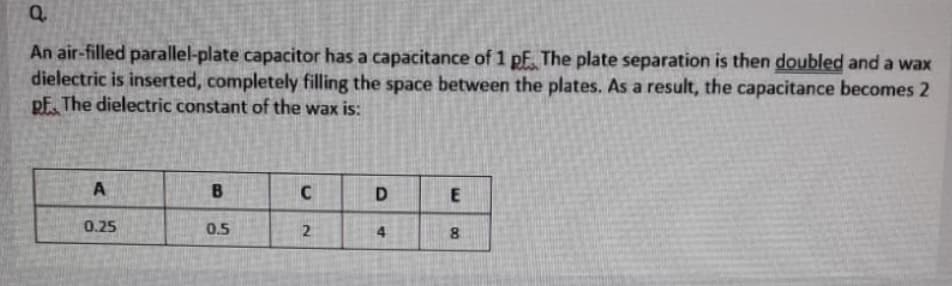 An air-filled parallel-plate capacitor has a capacitance of 1 pf The plate separation is then doubled and a wax
dielectric is inserted, completely filling the space between the plates. As a result, the capacitance becomes 2
pF. The dielectric constant of the wax is:
C
0.25
0.5
4.
8.
E.
B.
