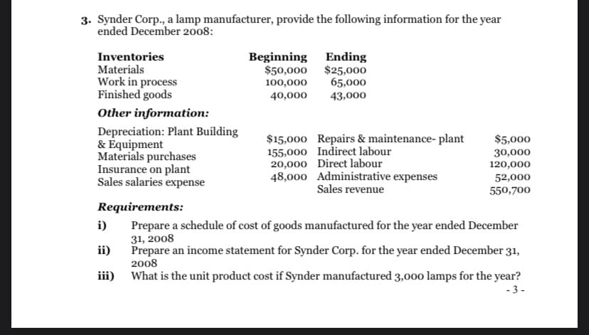 3. Synder Corp., a lamp manufacturer, provide the following information for the year
ended December 2008:
Inventories
Materials
Beginning
$50,000 $25,000
100,000
40,000
Ending
Work in process
Finished goods
65,000
43,000
Other information:
Depreciation: Plant Building
& Equipment
Materials purchases
Insurance on plant
Sales salaries expense
$15,000 Repairs & maintenance- plant
155,000 Indirect labour
20,000 Direct labour
48,000 Administrative expenses
Sales revenue
$5,000
30,000
120,000
52,000
550,700
Requirements:
i)
Prepare a schedule of cost of goods manufactured for the year ended December
31, 2008
Prepare an income statement for Synder Corp. for the year ended December 31,
2008
What is the unit product cost if Synder manufactured 3,000 lamps for the year?
ii)
iii)
- 3 -
