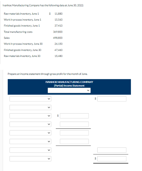 Ivanhoe Manufacturing Company has the following data at June 30, 2022:
$ 11,880
15,560
37,410
Raw materials inventory, June 1
Work in process inventory, June 1
Finished goods inventory, June 1
Total manufacturing costs
Sales
Work in process inventory, June 30
Finished goods inventory, June 30
Raw materials Inventory, June 30
369,800
498.800
26.150
47,460
15,480
Prepare an income statement through gross profit for the month of June.
IVANHOE MANUFACTURING COMPANY
(Partial) Income Statement
S