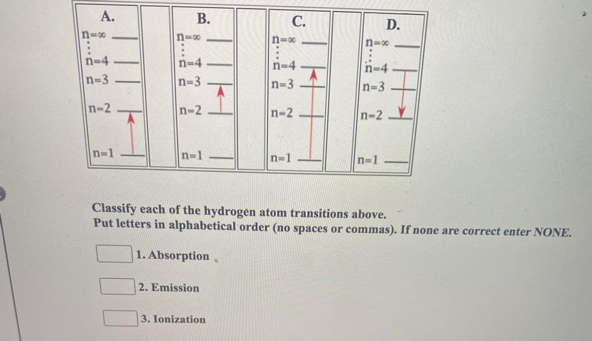 A.
В.
С.
D.
n=00
n=00
n=00
n=00
n=4
n=4
n=4
n=4
n=3
n=3
n=3
n=3
n-2
n-2
n-2
n-2Y
n=1
n=1
n=1
n=1
Classify each of the hydrogen atom transitions above.
Put letters in alphabetical order (no spaces or commas). If none are correct enter NONE.
1. Absorption
2. Emission
3. Ionization
B.
