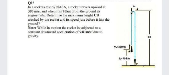 QI/
In a rockets test by NASA, a rocket travels upward at
320 m/s, and when it is 70km from the ground its
engine fails. Determine the maximum height CB
reached by the rocket and its speed just before it hits the
ground?
Note: While in motion the rocket is subjected to a
constant downward acceleration of 9.81m/s due to
gravity.
V,r320m/
Sa=70 km
