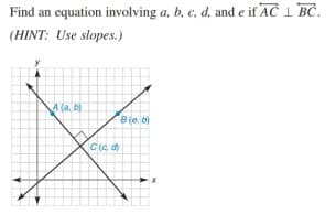 Find an equation involving a, b, c, d, and e if AC 1 BČ.
(HINT: Use slopes.)
A (a. b)
B(e, b)
C(c, d
