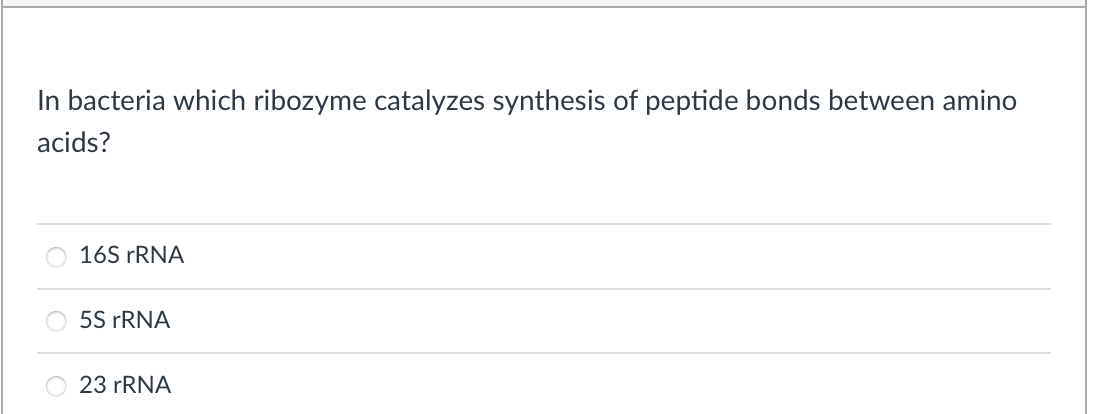 In bacteria which ribozyme catalyzes synthesis of peptide bonds between amino
acids?
16S FRNA
5S FRNA
23 FRNA
